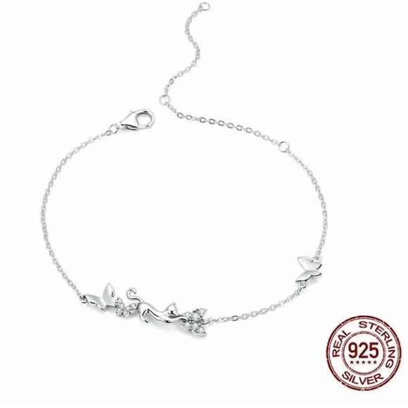 Cat & Butterflies Link Chain Bracelet for Women 925 Sterling Silver Bracelet - Picture 2 of 10